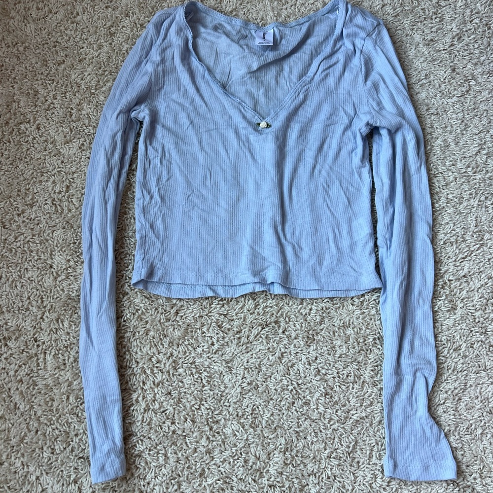 Light Blue V-Neck Ribbed Women's Top